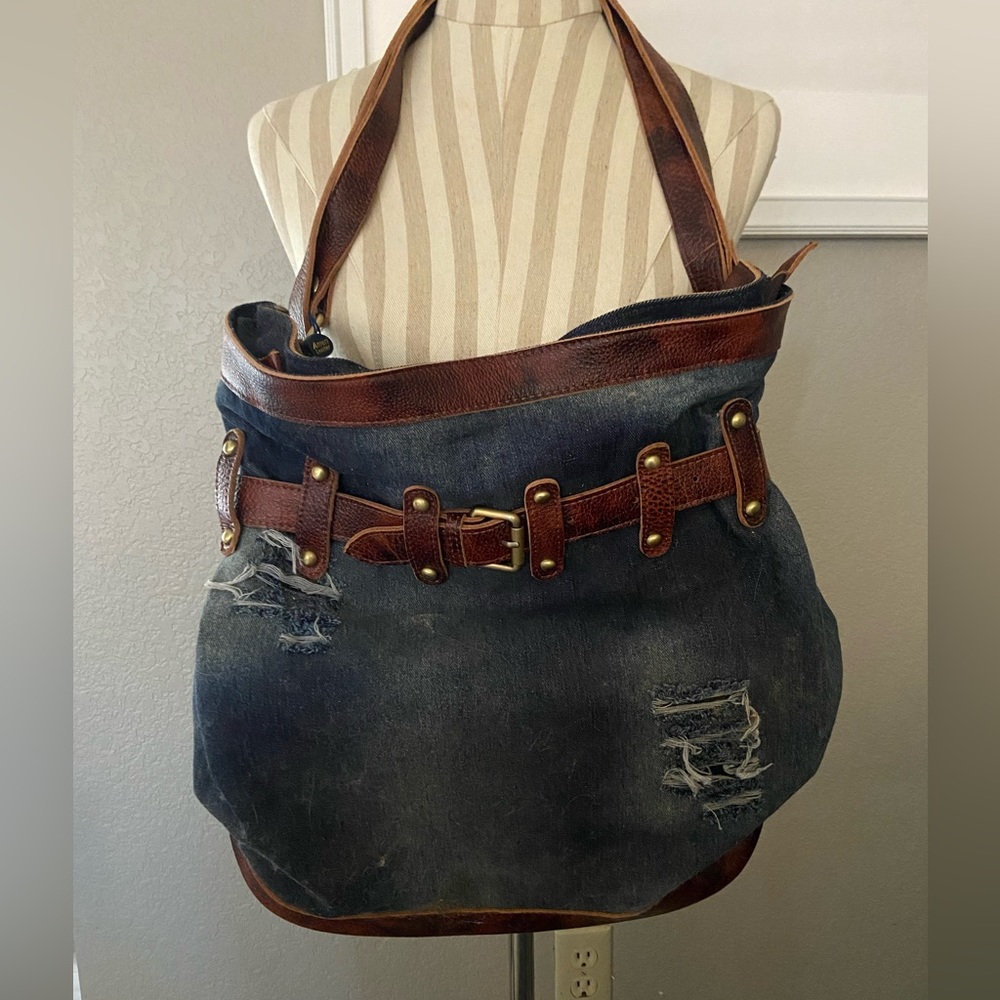 Distressed Denim and Leather Extra Large Backpack/Shoulder Bag